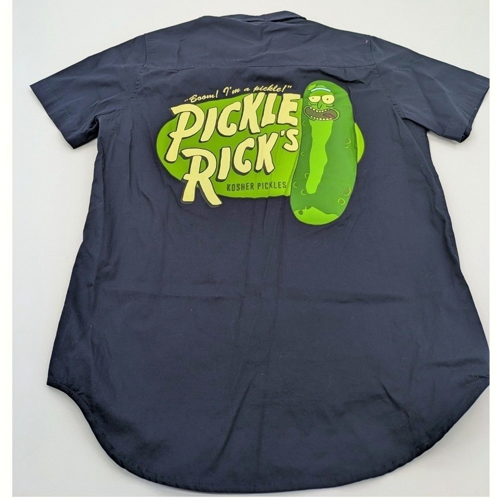 NWT Rick And Morty Pickle Rick Shirt Button Up Navy Blue Woven Mens Small New